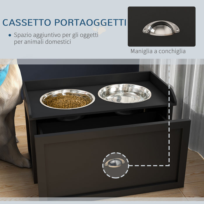 Ciotole per Cani Rialzate 60x30x36 cm in Acciaio Inox e Legno con Cassetto Nero