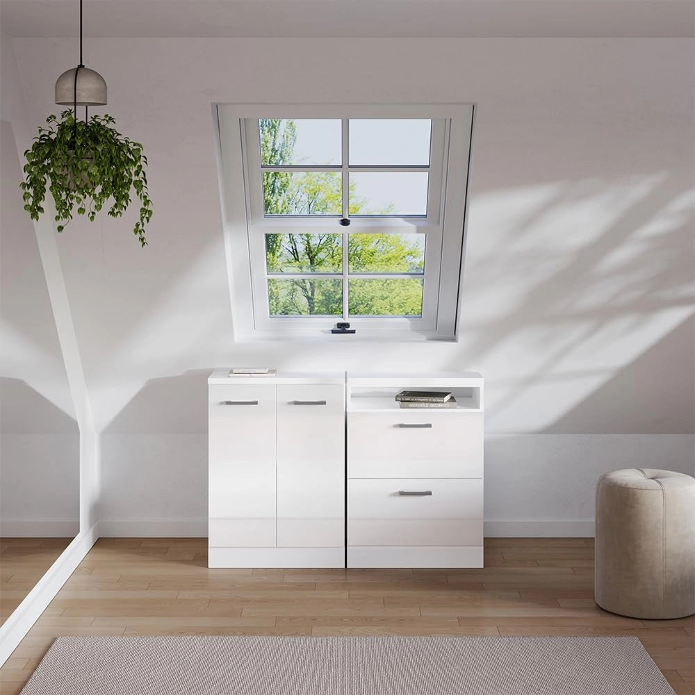 Set di mobili sottotetto Rion, Bianco lucido, 120 cm Set di 2 carcasse armadio profondità 60 cm, adatto per il salvaspazio sotto tetti spioventi