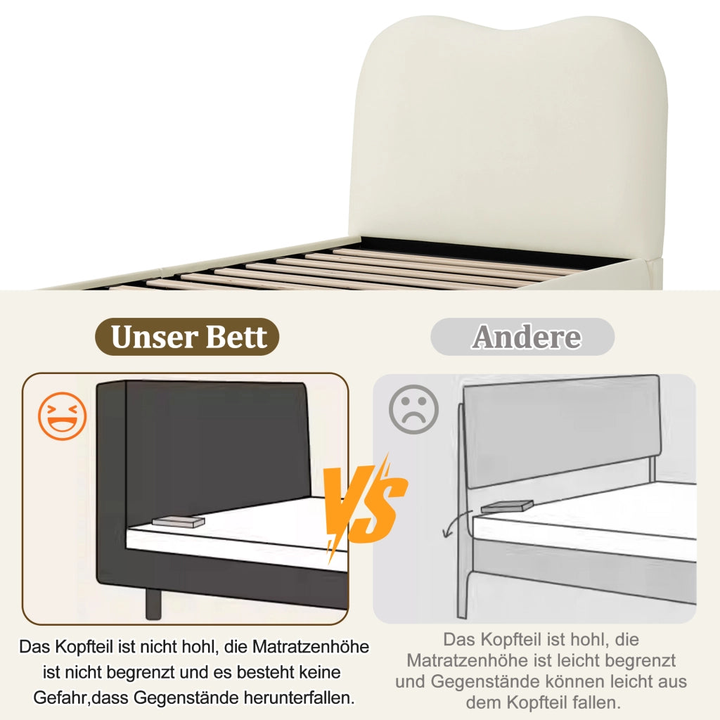Letto contenitore per bambini 90x200 cm con sollevamento idraulico; ampia capacità; testiera imbottita; velluto beige