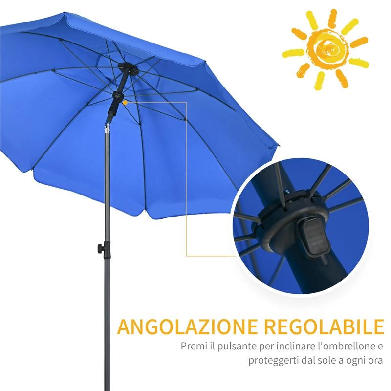 OMBRELLONE DA SPIAGGIA 1.8X2 M CON RECLINAZIONE A 45 E 8 STECCHE POLIESTERE E ACCIAIO BLU