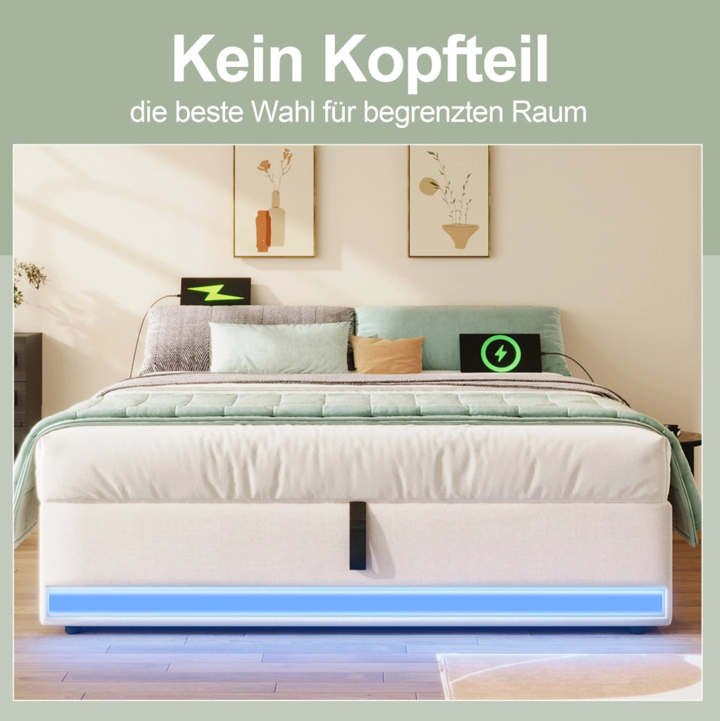 LETTO Imbottito 140x200 cm Beige in Lino con LED, USB e Type-C