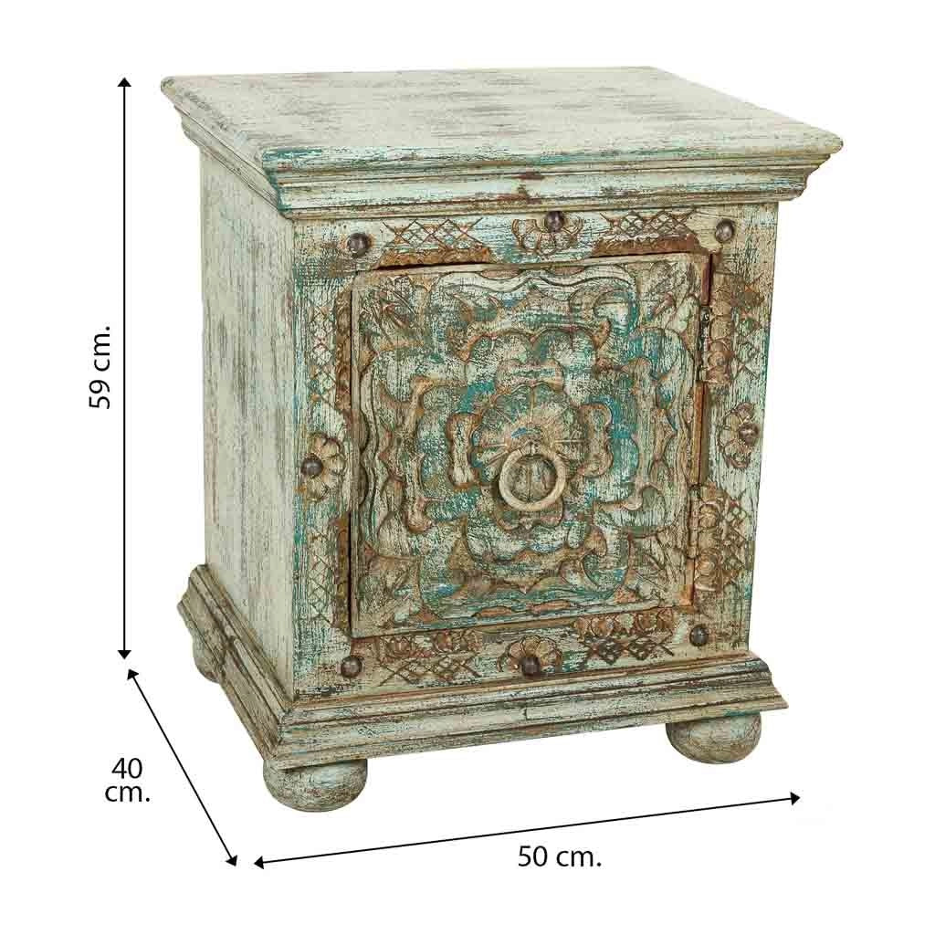 Comodino in legno intagliato verde 50x40x59