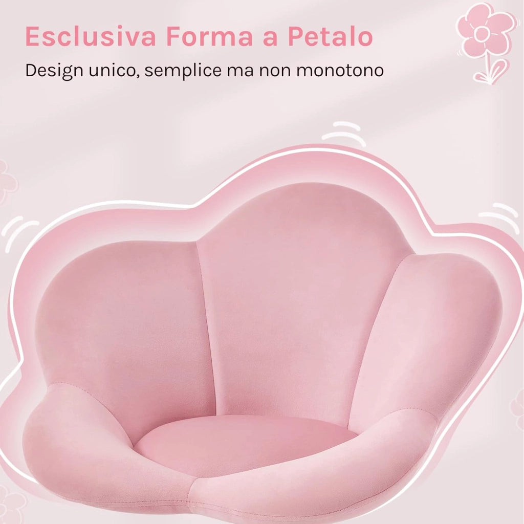 Sedia da Scrivania per Bambini, Sedia Ufficio Ergonomica Girevole e Regolabile in Altezza con Rotelle, Seduta a Forma di Fiore per Studio, Camera da Letto, Velluto, Rosa Pastello