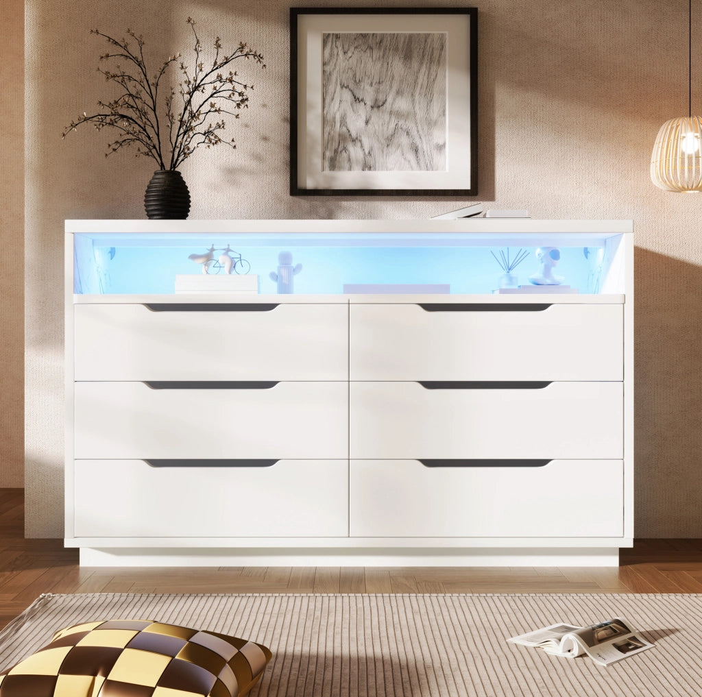 Credenza moderna con LED; 6 cassetti e vano a giorno; 120x40x85 cm; bianco