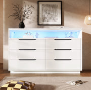 Credenza moderna con LED; 6 cassetti e vano a giorno; 120x40x85 cm; bianco