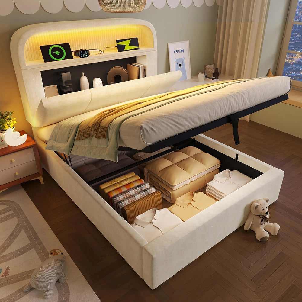 Letto Singolo Idraulico 90x200cm - Xylo - Testiera Regolabile LED con USB, Velluto Beige