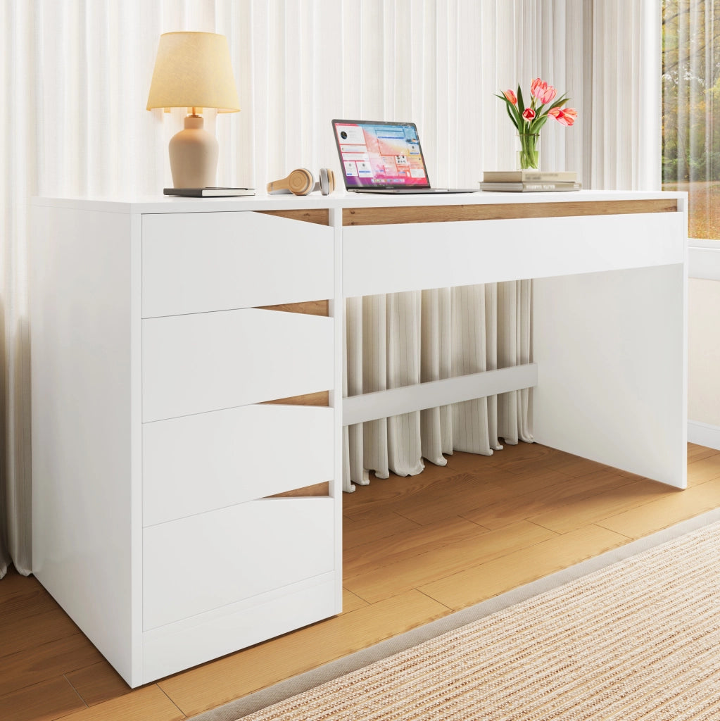 Scrivania 140x50 cm con 5 cassetti; bianco e rovere; in truciolare
