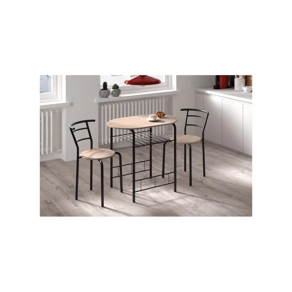 Tavolo da pranzo ovale con griglia di stoccaggio nera e 2 sedie collezione STUDENT, piccolo spazio, quercia sonoma