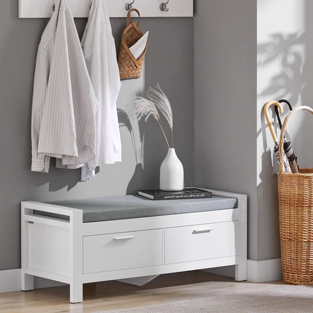 Cassapanca Bianca Contenitore Panca camere da Letto Seduta con Cuscino 2 cassetti con Guide Bianco L100*P40*A40cm FSR74-W