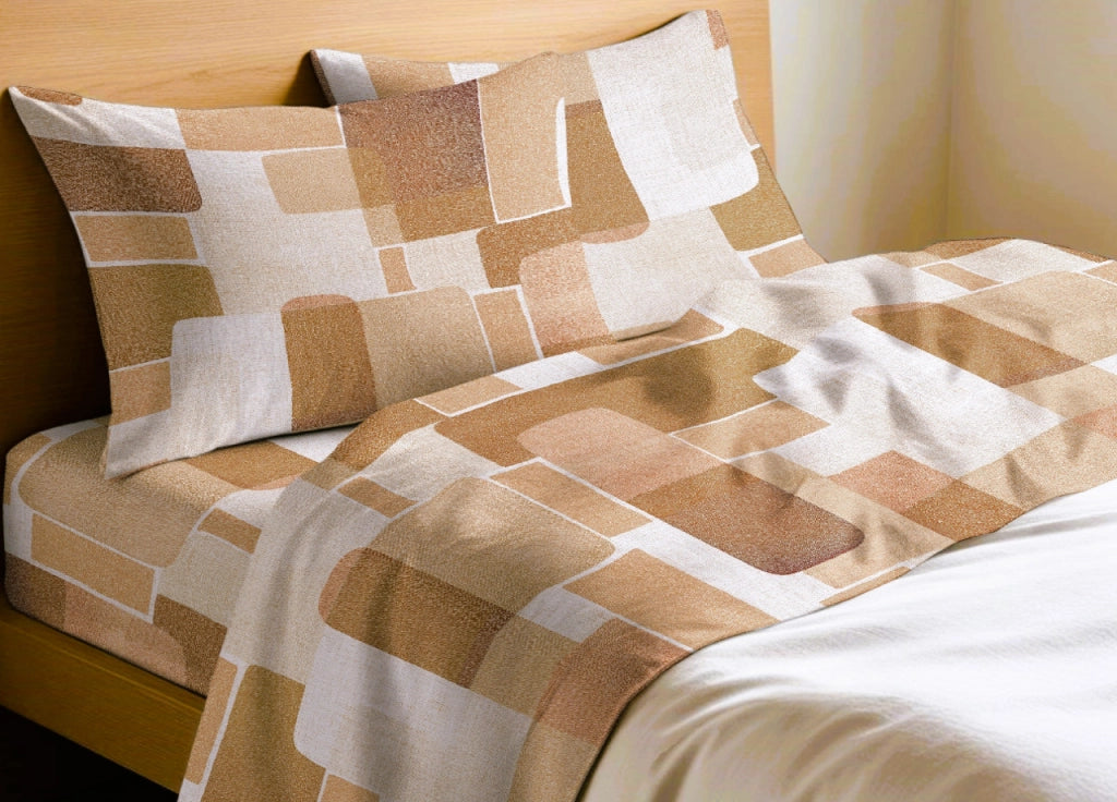 Completo Lenzuola Letto In 100% Cotone Made Italy Disegno Brick - Maxi - Arancio