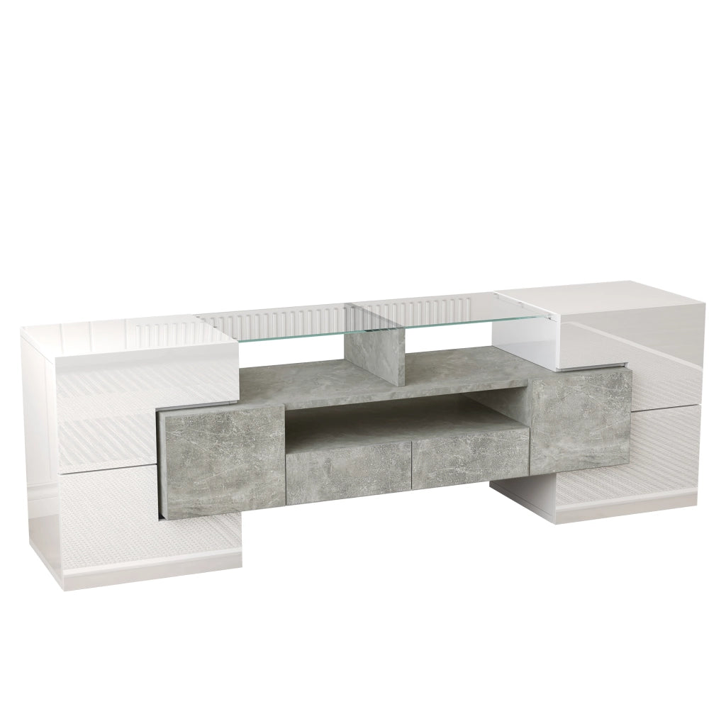 OKWISH Mobile TV con 6 Ante, 2 Cassetti, 3 Vani e LED, Finitura Lucida per Soggiorno, Bianco, 145x30x51 cm
