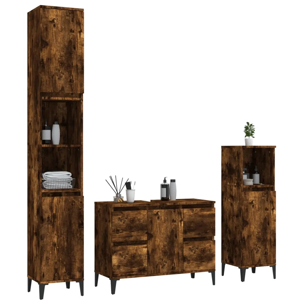 Set Mobili da Bagno | Armadio da bagno 3 pz Rovere Fumo in Legno Multistrato