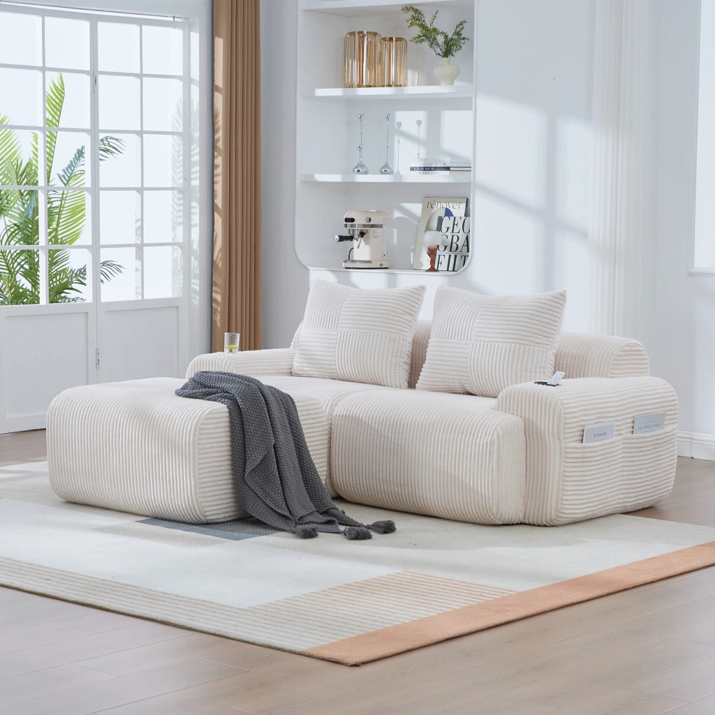 Divano modulare 2 posti con portabicchieri e tasca laterale configurazione flessibile in velluto a coste beige