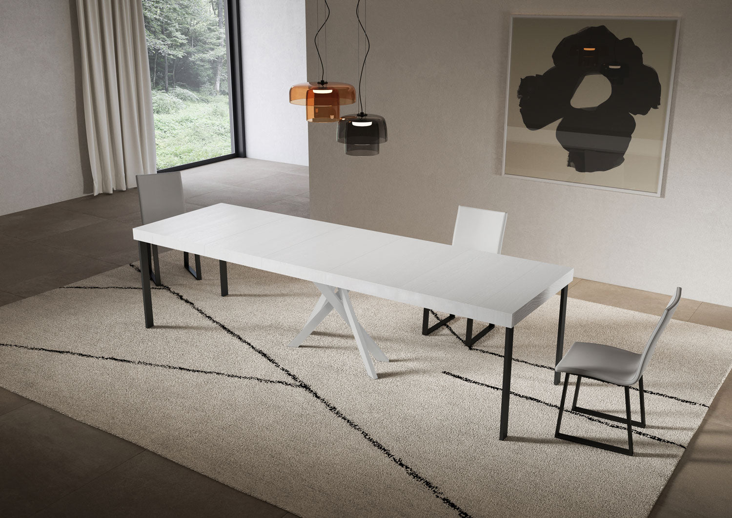 Consolle Allungabile 90-300x40x77 cm Saki Premium Bianco Frassino Gambe Bianche