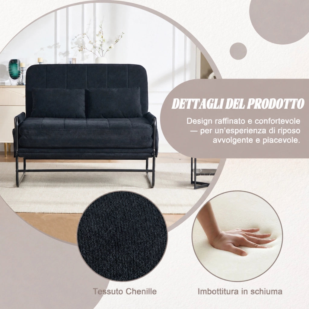 Divano letto due posti in ciniglia nera 104 cm con struttura in metallo