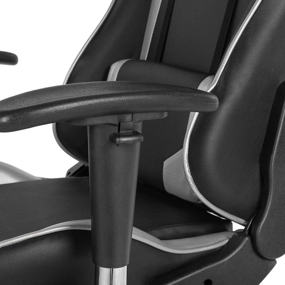 Sedia da gaming girevole in pelle sintetica nera e argento regolabile in altezza