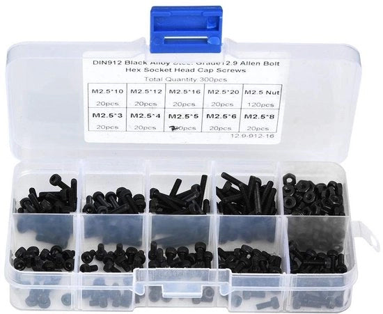 Inbus Binnenzeskantschroeven M2.5 x 3-20mm - Stabili in acciaio nero verniciato - 300 pezzi - Impermeabili all'acqua e resistenti alla corrosione - Contenitore in plastica per la conservazione - Viti