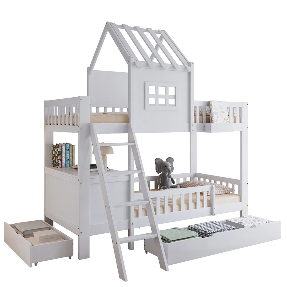 Letto a castello con tetto - Xylo - 90x200cm bianco, tavolo lettura