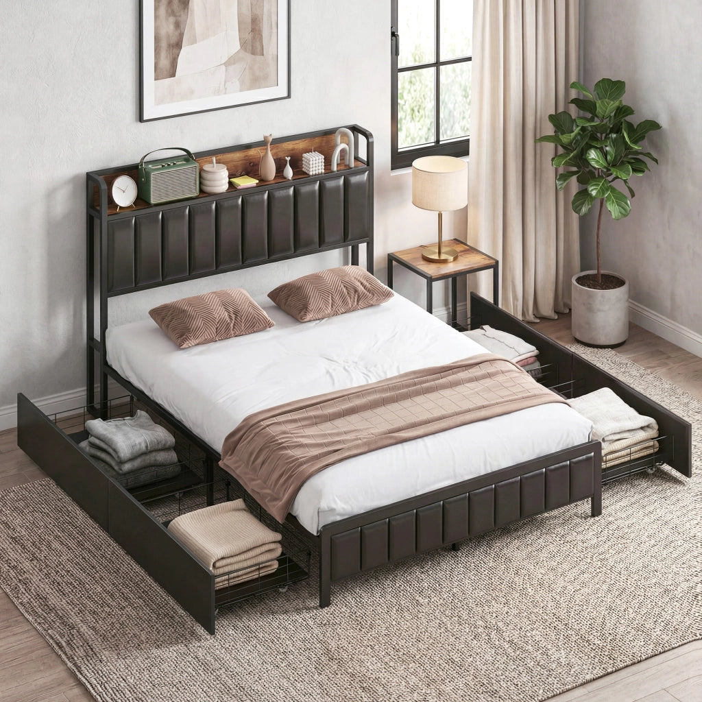 Letto matrimoniale imbottito con contenitore e rete a doghe ¨C zephmum ¨C nero 140x190