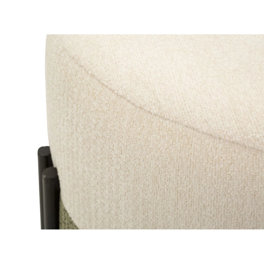 Pouf moderno bicolore crema e verde con struttura in ferro nero