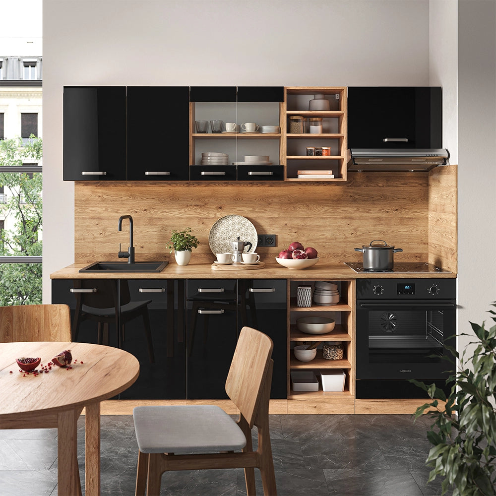 Cucina componibile R-Line Nero lucido/Rovere dorato 240 cm, PL Marmo Vicco
