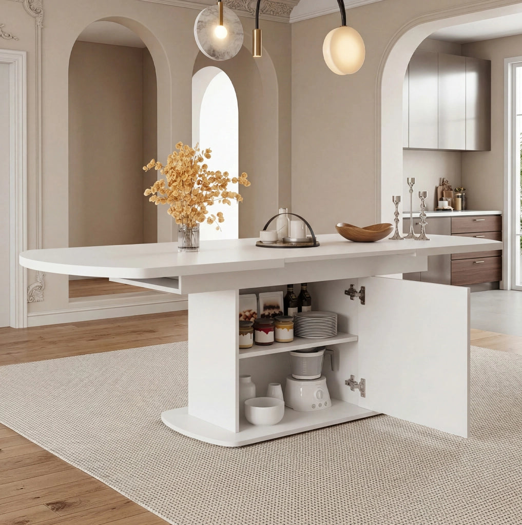 Tavolo da pranzo allungabile con vano contenitore 140/200 x 80 x 75 cm; bianco e argento