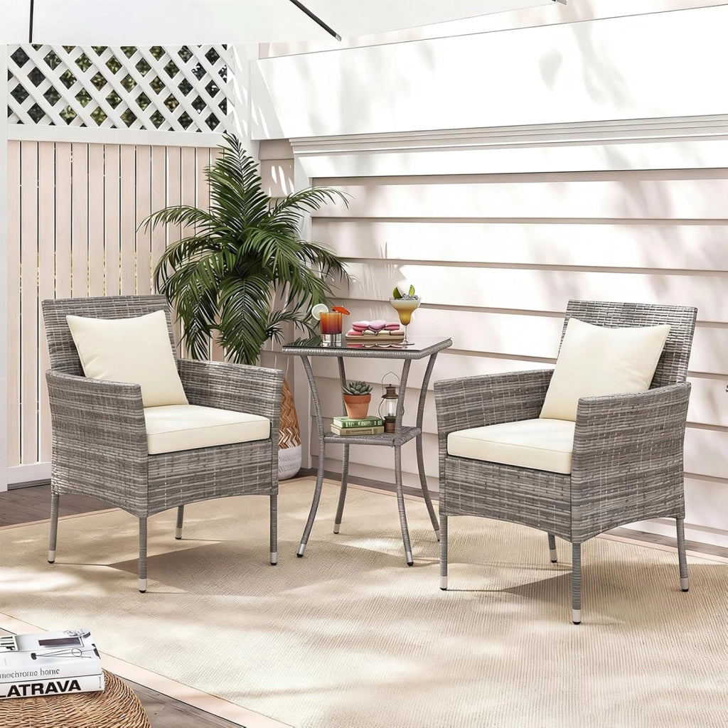 Set Mobili da Balcone 3 Pezzi, Set da Bistrot con Tavolo e 2 Sedie in Rattan con Cuscini, Mobili da Giardino per Balcone e Esterno
