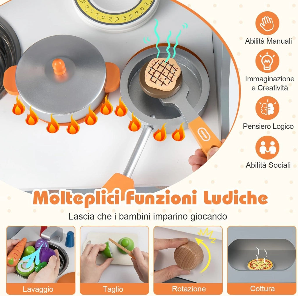 Cucina Giocattolo in Legno per Bambini, Set Gioco di Finzione con Orologio, Fornello, Porta Spezie e Accessori Completi, per Bambini 3+ Anni, 52 x 29,5 x 71 cm (Grigio + Bianco)