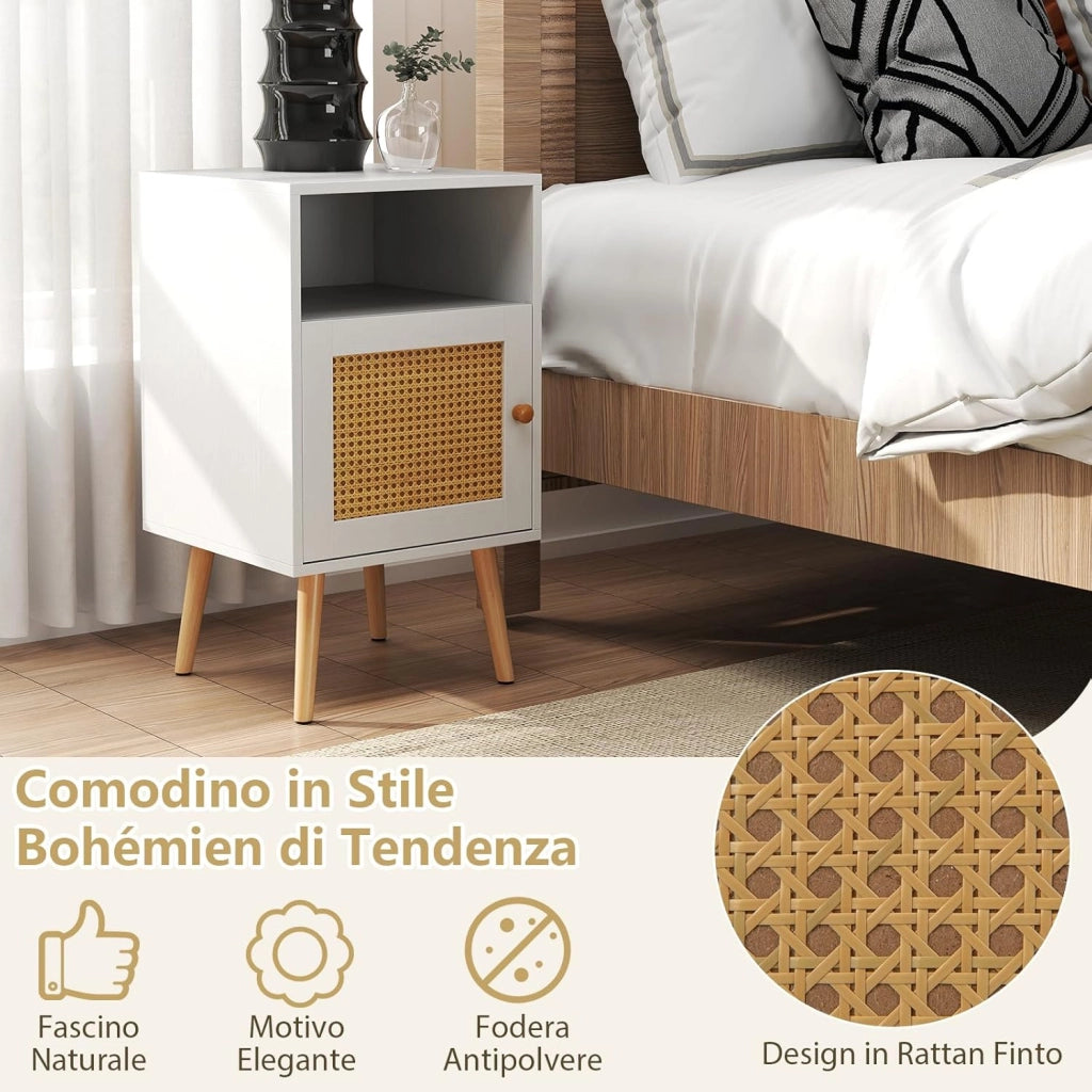 Set di 2 Comodini da Camera da Letto, Comodini in Legno con Porta in Rattan, Scomparto Aperto e Gambe in Legno Massello, Comò Moderno per Soggiorno e Studio, 40 x 39 x 70 cm (2, Bianco)