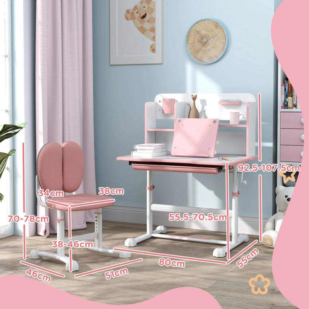 Scrivania Bambini Regolabile con Sedia, Cassetto e Scaffale ¨C Zephmum ¨C Rosa 90x50x75