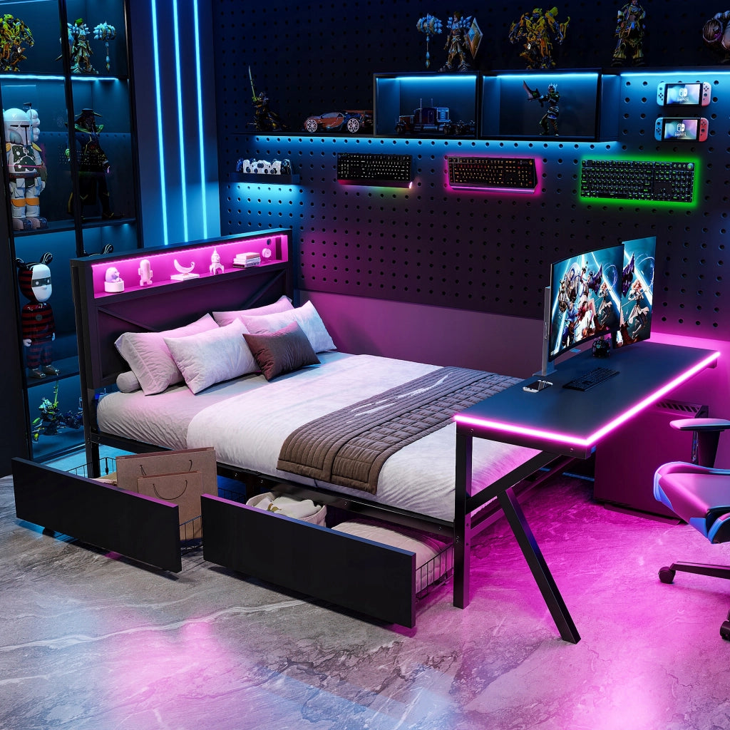 Letto gaming 140x200 - Xylo - Nero con LED scrivania cassetti