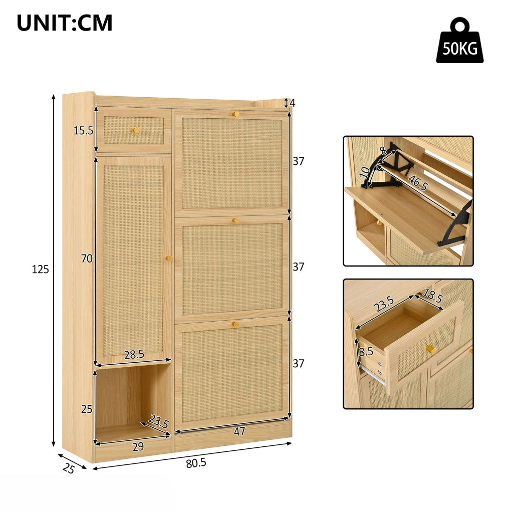 Scarpiera, mobile da ingresso, finitura in vimini, 3 sportelli ribaltabili, con cassetti, 80,5 x 25 x 125 cm, colore legno naturale