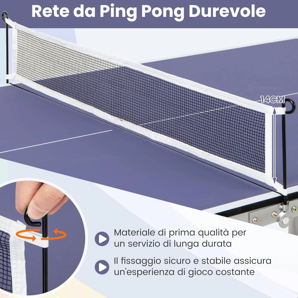 Tavolo da Ping Pong, Tavolo da Ping-Pong Pieghevole e Portatile con Rete, 2 Racchette, 3 Palline e Piedini Regolabili, Ideale per Interno ed Esterno