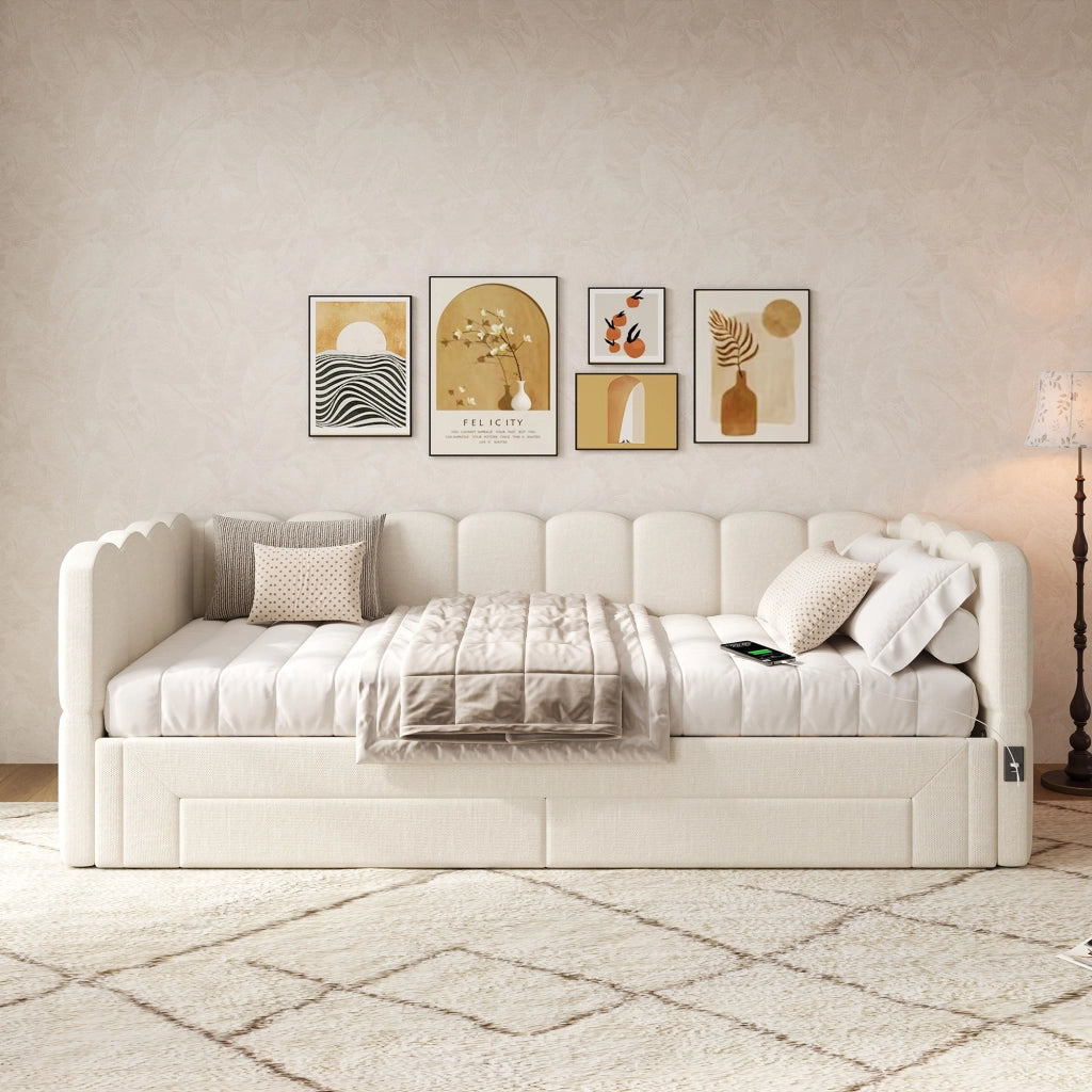 Divano letto con letto estraibile e cassetti, 90x200 cm, lino beige