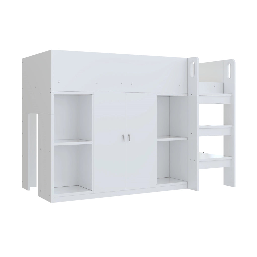 Letto a soppalco ULEVR 90x200 cm con armadio, ripiani aperti e scala, bianco e grigio