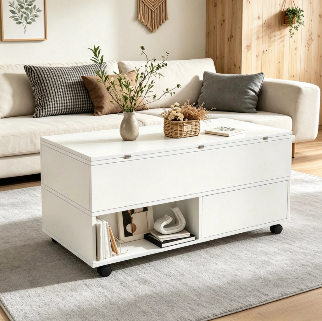 Tavolino elevabile bianco 100x50x52 cm con 4 cassetti e ruote