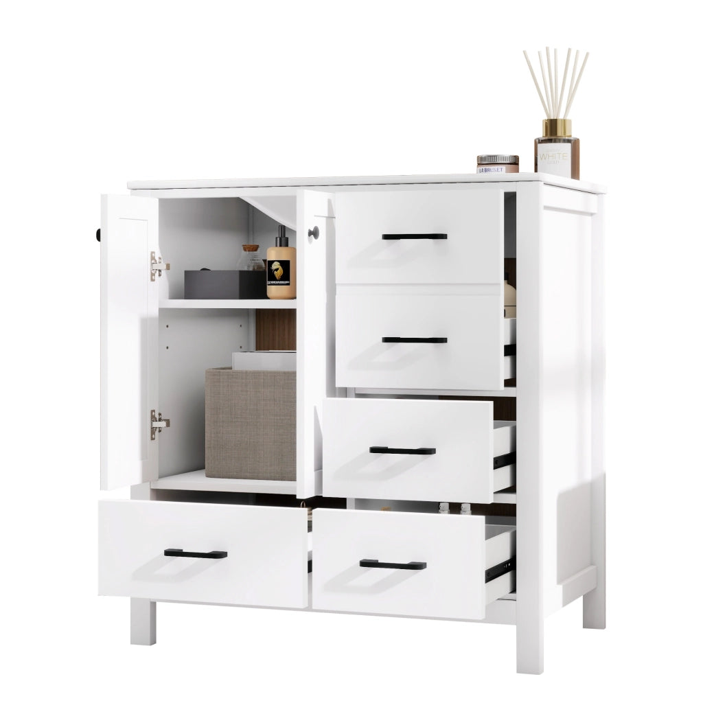 Mobile bagno freestanding 76¡Á46¡Á82 cm con lavabo in ceramica, MDF laccato bianco, 4 cassetti e ripiani regolabili