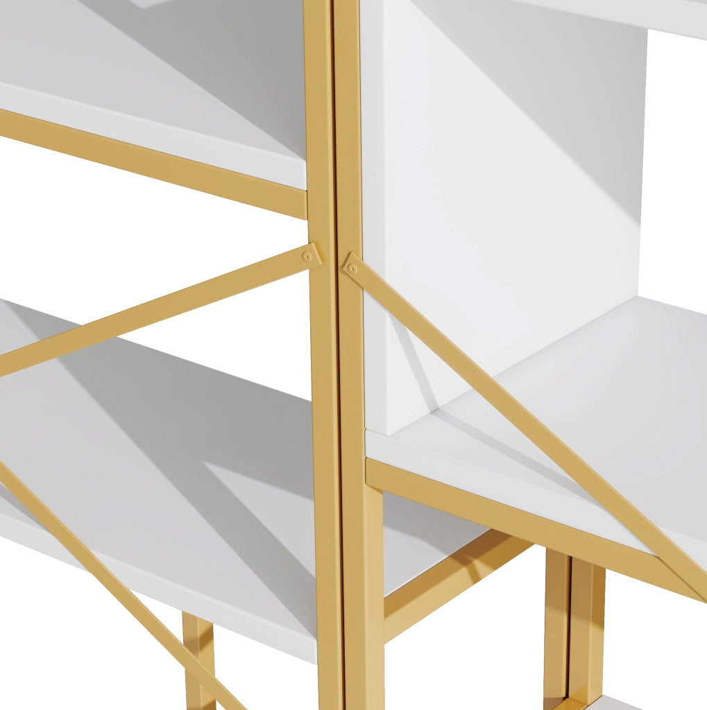 Libreria 160x29.5x180 cm a ripiani aperti con struttura rettangolare in metallo e MDF bianco e oro