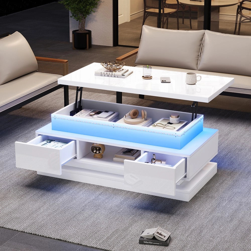 Tavolino da caff¨¨ con cassetti e LED ¨C Minimal ¨C Bianco lucido MDF 100x50x40
