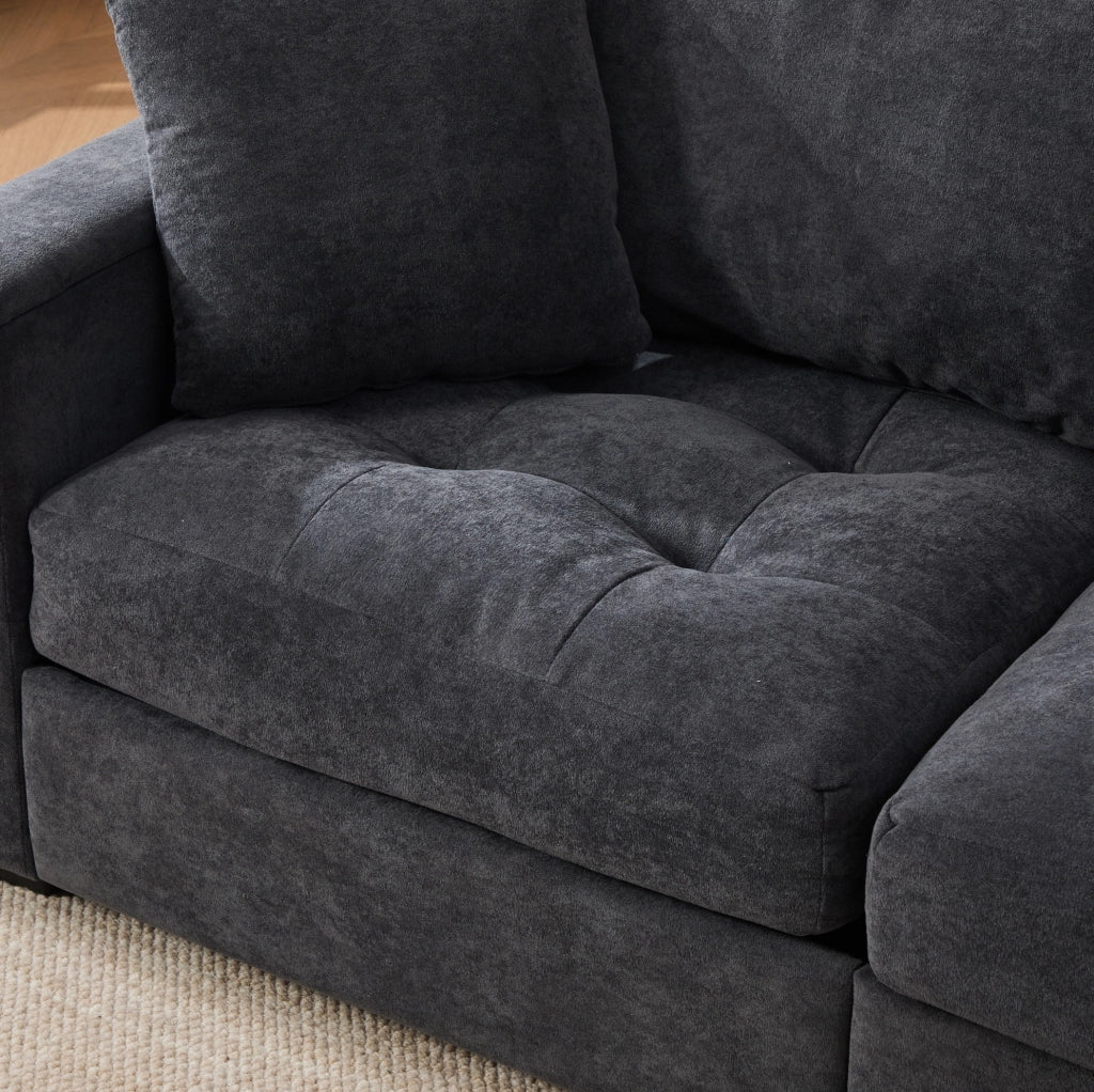 Divano 2 posti moderno in chenille grigio scuro con contenitore nei braccioli e cuscini