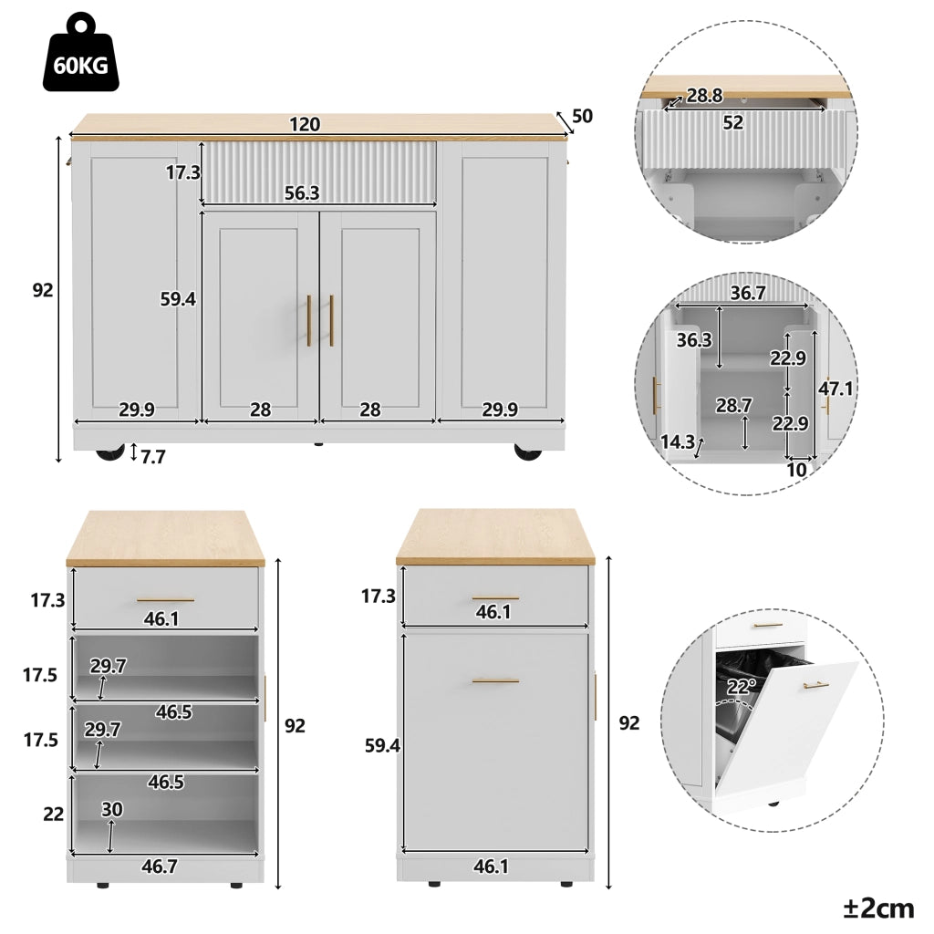 Carrello da Cucina con 2 Ante; 3 Cassetti e Vano per Rifiuti con Ruote per Cucina 120×50×92 cm