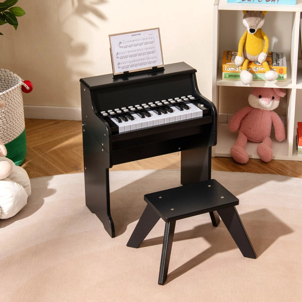 Mini tastiera pianoforte per bambini a 25 tasti con sgabello, Mini pianoforte digitale in legno con velocit¨¤ regolabili Nero-Tastiere elettriche