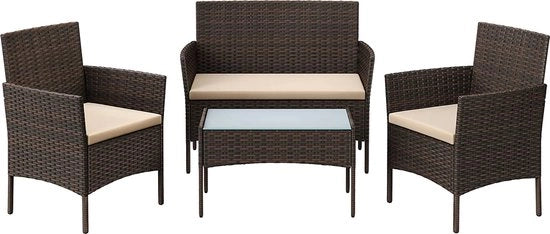 Set di Mobili da Giardino 4 Pezzi - Set di Divani - Mobili da Terrazza - 2 Sedie - 1 Divano - Tavolo da Salotto - Cuscini - Marrone/Cenere