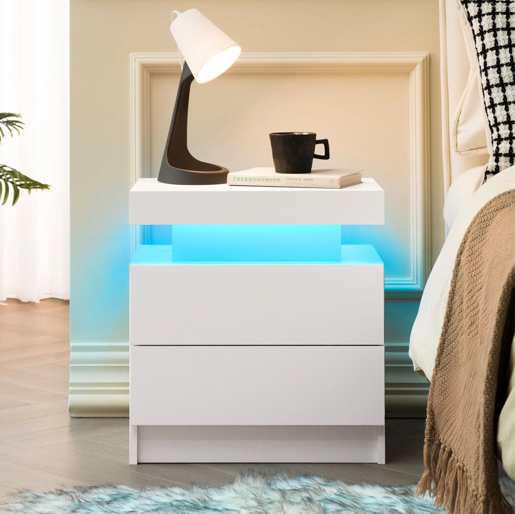 Comodino LED con 2 cassetti; luci regolabili in legno ingegnerizzato bianco