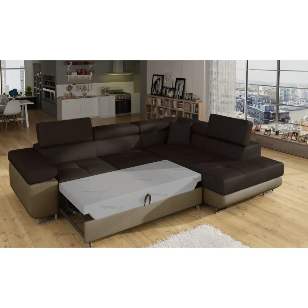 Divano angolare trasformabile MENTON marrone cioccolato e beige – Angolo destro con vano contenitore