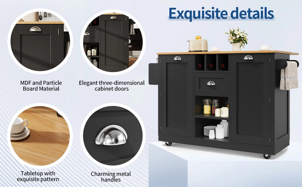 Carrello da Cucina con Piano di Lavoro, Buffet e Portavino ¨C MINIMAL ¨C Legno/Nero, con Ruote