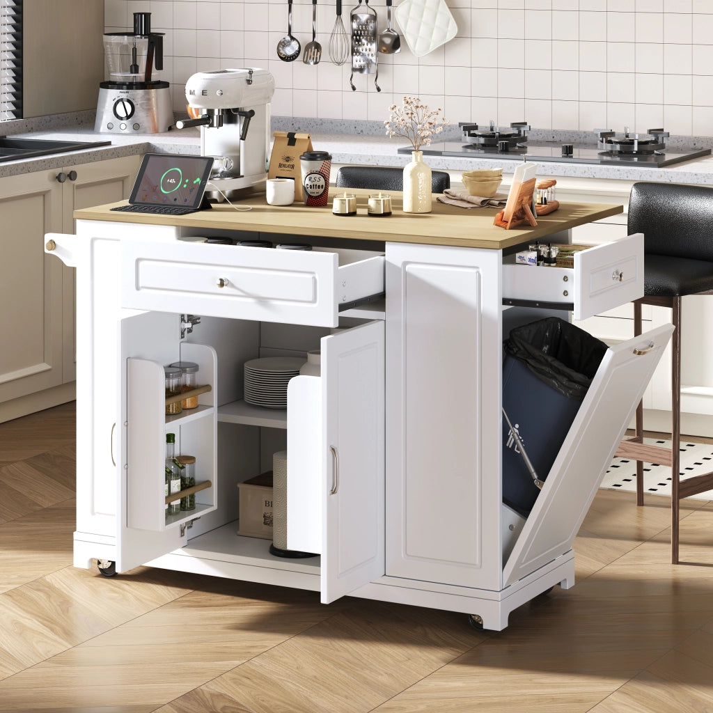 Carrello da Cucina con Piano Ribaltabile; Prese e Vano per Rifiuti; in MDF; Bianco e Naturale; 131;8 x 40-70 x 93;3 cm
