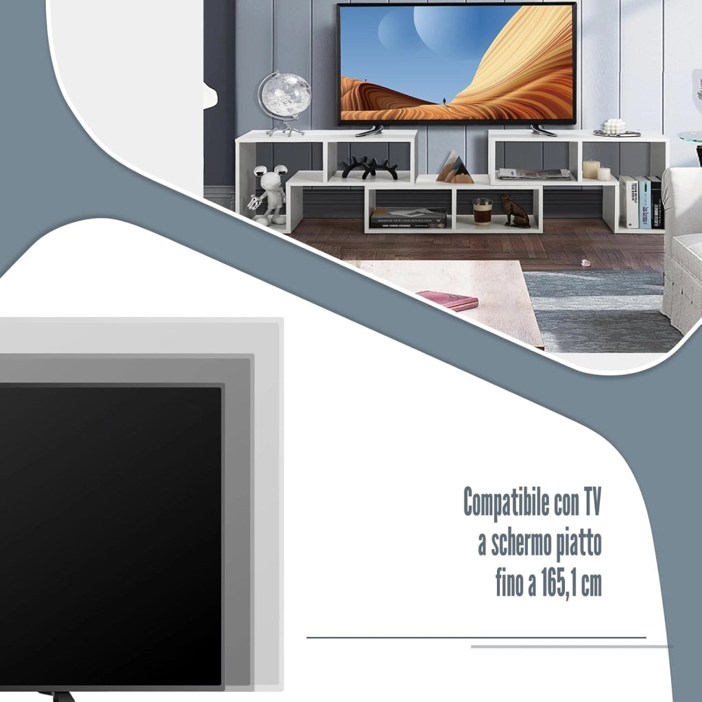 Mobile TV Soggiorno in Legno, Mobile Porta TV Liberamente Combinabile, per TV fino a 65”, Mobiletto TV Multifunzione con 6 Vani Aperti, 134 x 30 x 43 cm, Bianco (QE09327FQDE)