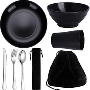 Set di cucina per campeggio - Set di bicchieri/tazze/piatti - Utensili in acciaio inossidabile - Resistenti alla lavastoviglie - Leggeri - Borsa nera - Servizio da campeggio