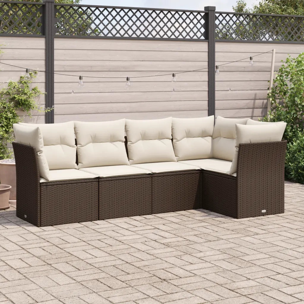 Set Divano da Giardino 5 pz | Set Salotto da Giardino con Cuscini Marrone in Polyrattan